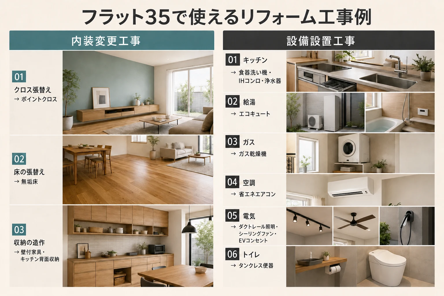 フラット35で使えるリフォーム工事例。内装変更工事はクロス張替え・床の張替え・収納の造作。設備設置工事はキッチン（食器洗い機・IHコンロ・浄水器）、給湯（エコキュート）、ガス乾燥機、省エネエアコン、照明・EVコンセント、タンクレス便器